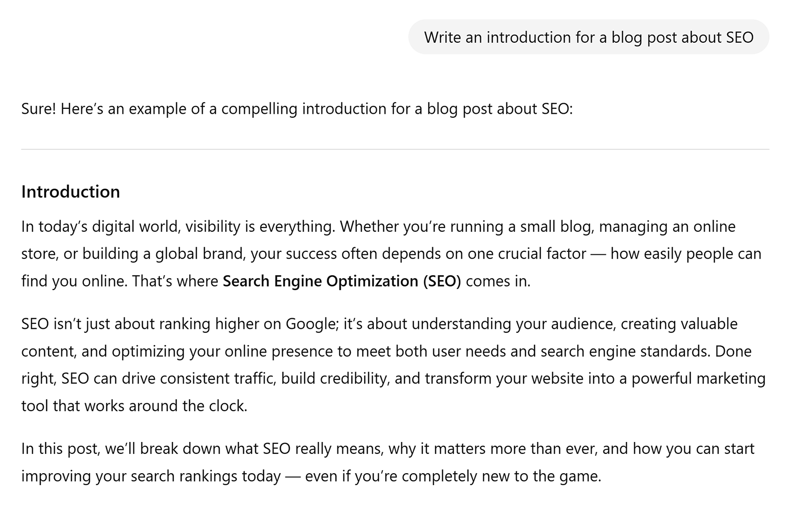 AI-generated blog intro about SEO displayed after a small prompt asking for an introduction.