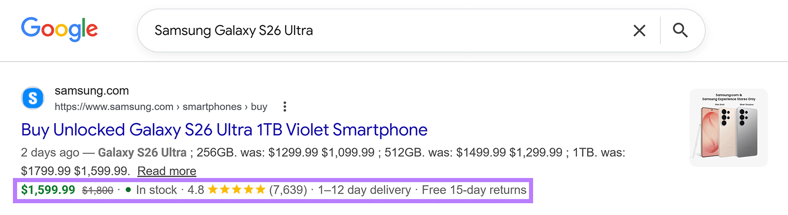 Google SERP product result showing price, availability, ratings, and delivery details.