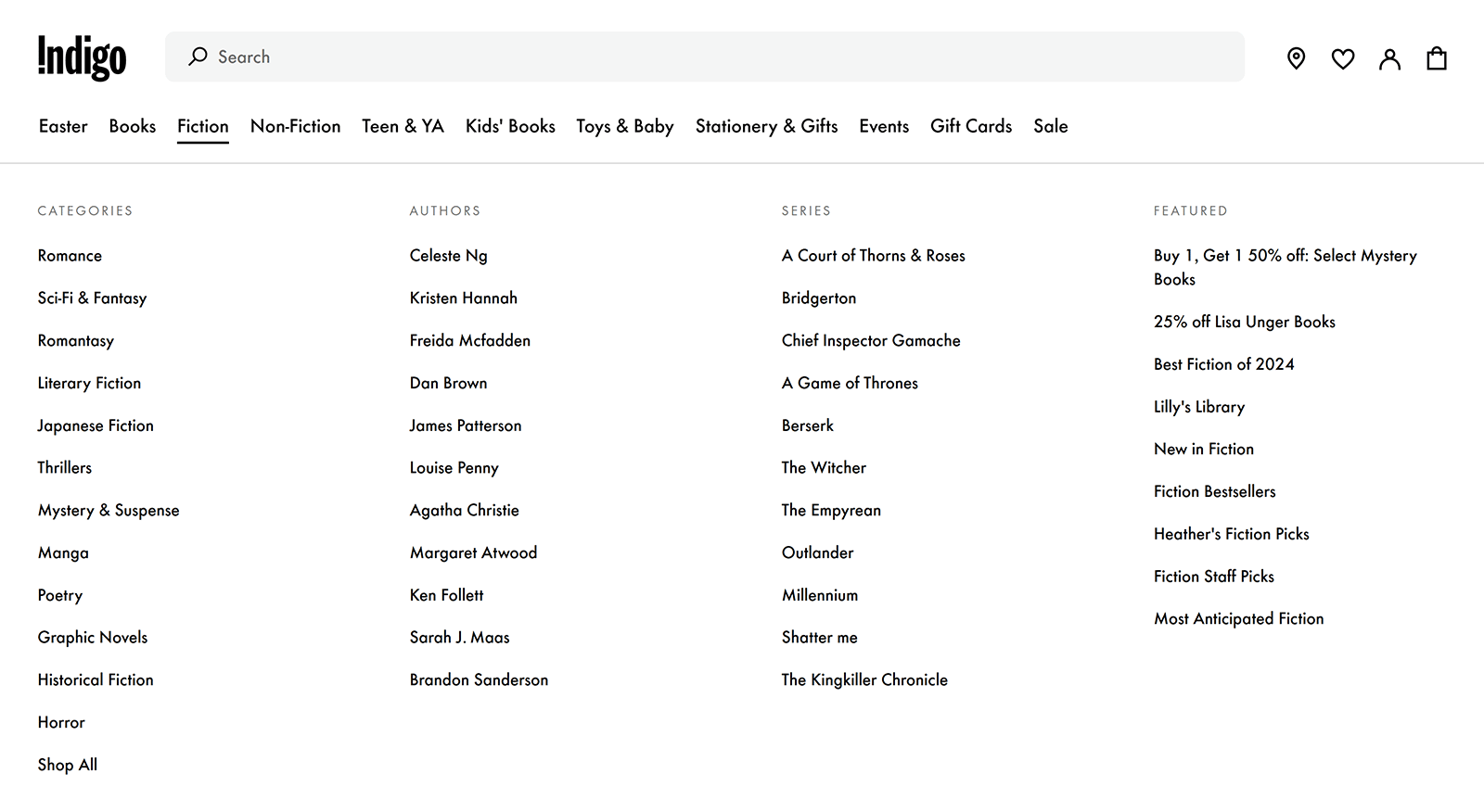 Indigo navigation for Fiction category listing various Categories, Authors, Series, and Featured pages.
