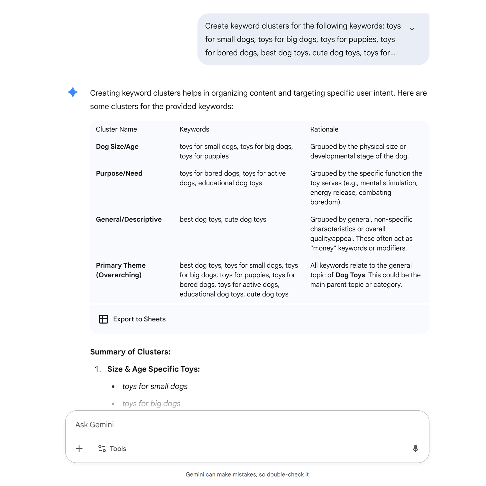 Gemini grouping dog toy keywords into clusters by size, purpose, and theme, with rationale and summary list.