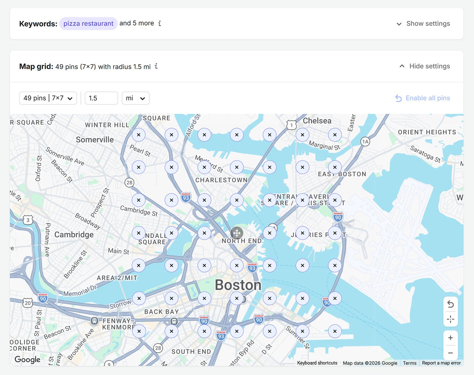 Semrush Map Rank Tracker setup showing a 7×7 grid of 49 tracking points across Boston within a 1.5-mile radius