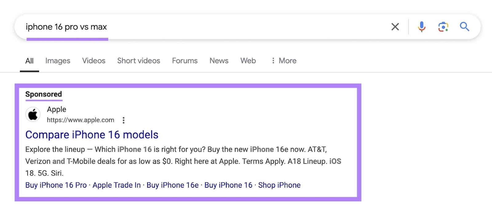 Google SERP with "iphone 16 pro vs max" entered as the term with the top result being a search ad by Apple.