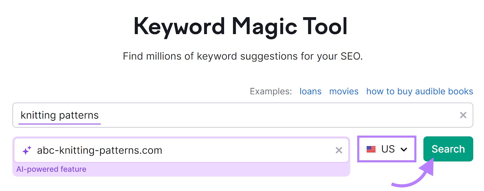 Keyword Magic Tool with "knitting patterns" in the search field and "abc-knitting-patterns.com" in the domain field.