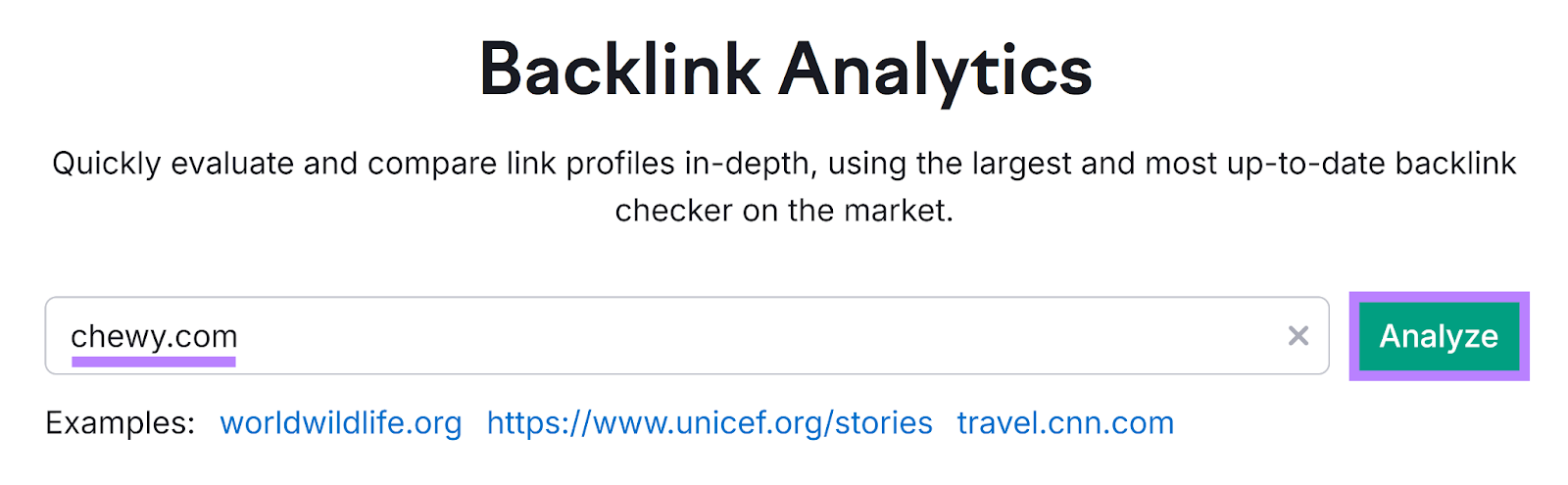 Backlinks tool start with domain entered and Analyze button highlighted