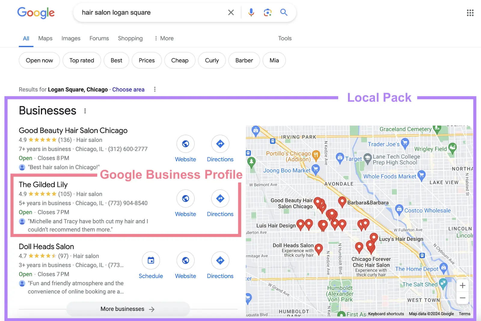 Google results for “hair salon Logan Square” with the Local Pack, Google Business Profiles, and map highlighted