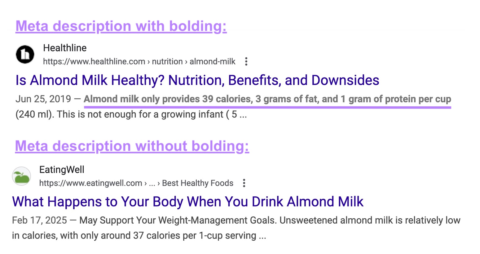 A comparison of how a google SERP listing appears with and without the text bolded on the meta description.