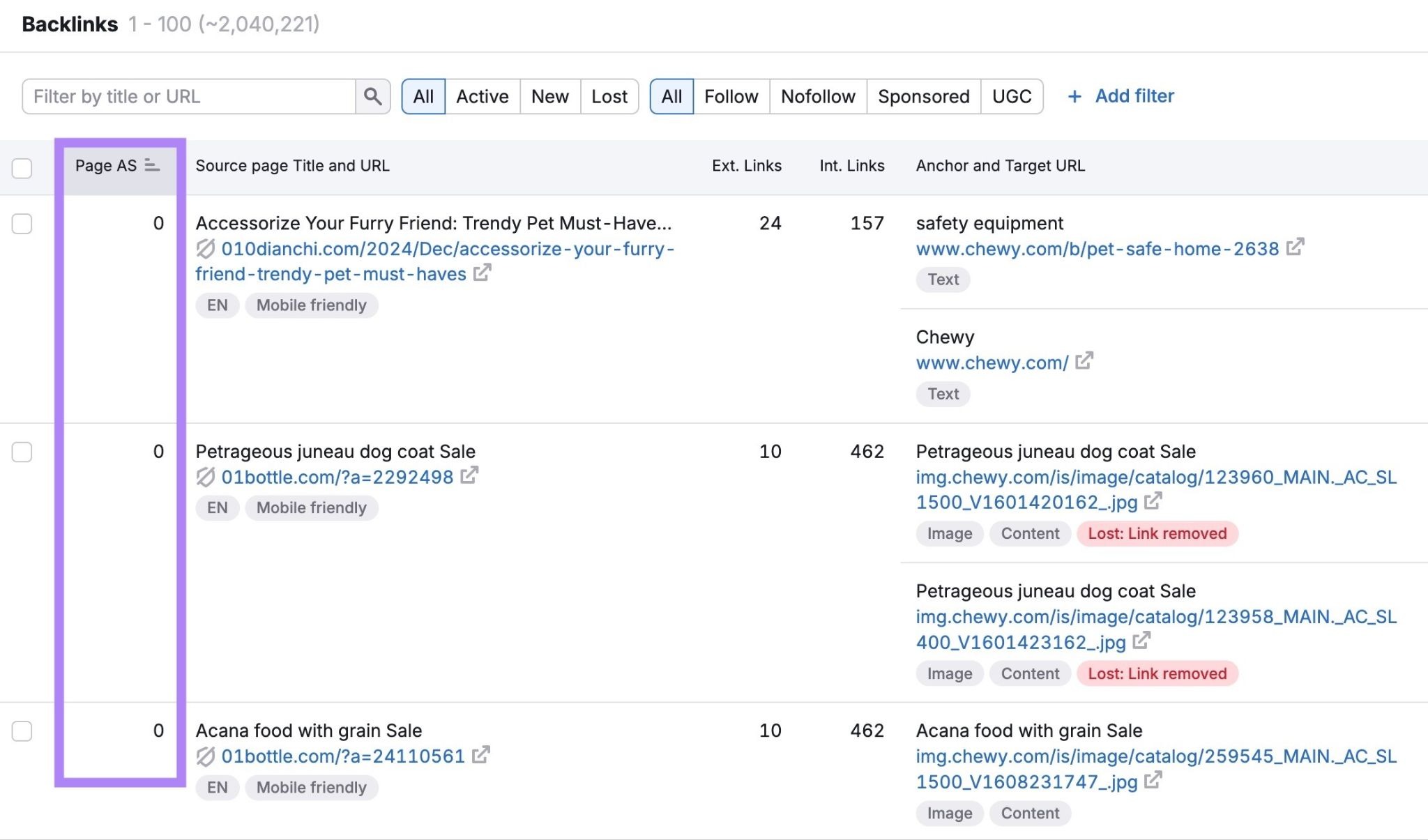 Backlinks report showing a list of backlinks sorted by authority score.