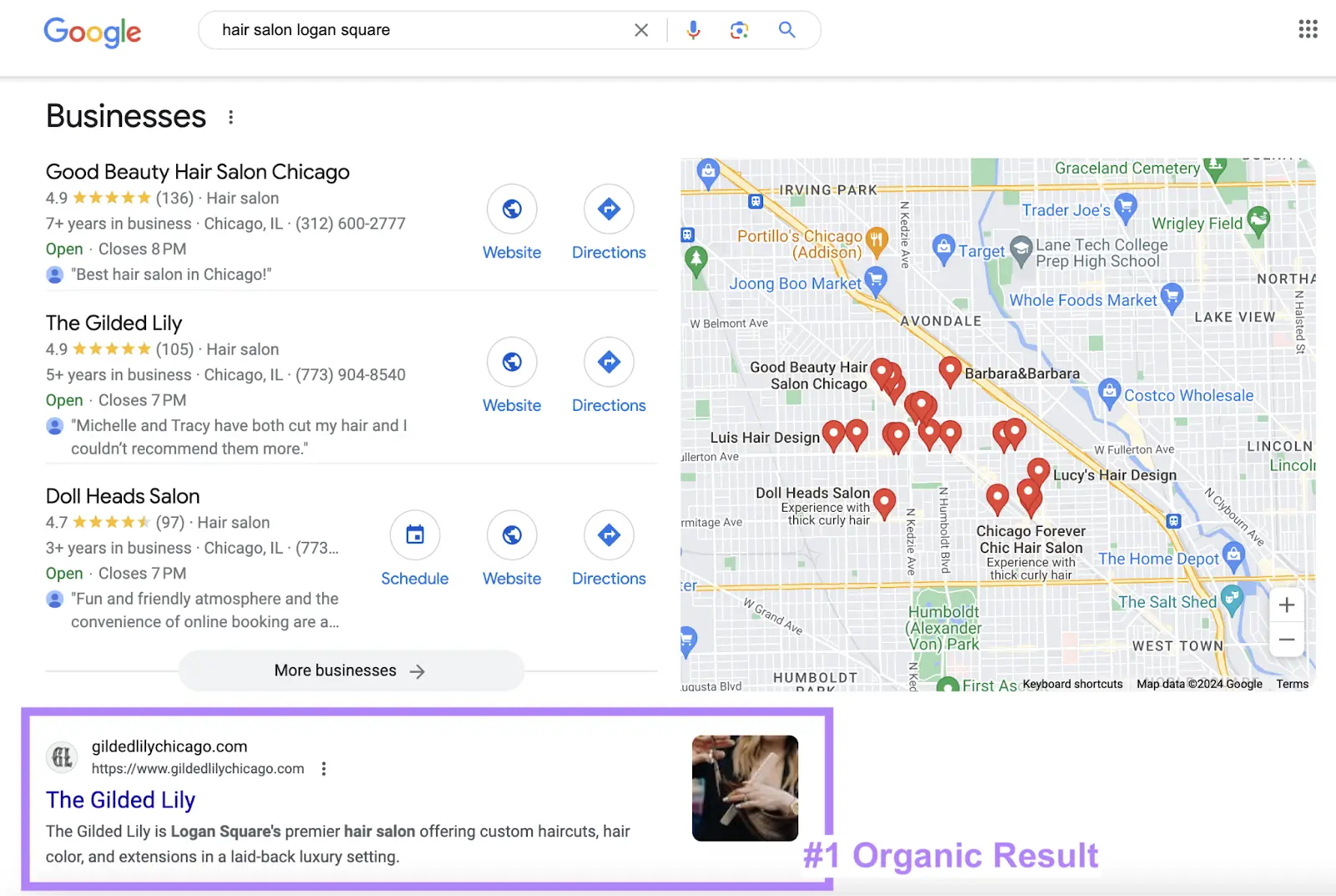 Google results for “hair salon Logan Square” showing the Local Pack above The Gilded Lily’s top organic result