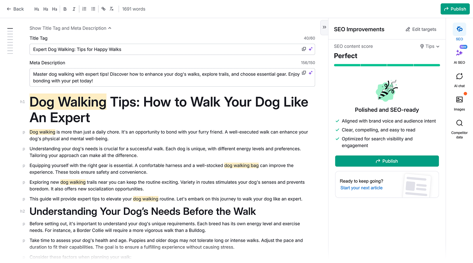 AI writing editor showing “Dog Walking Tips” article with SEO score marked “Perfect” and option to publish.