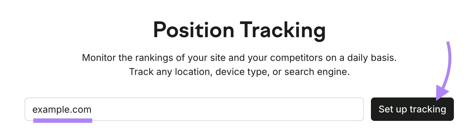 Position Tracking tool start with a domain entered and "Set up tracking" clicked.