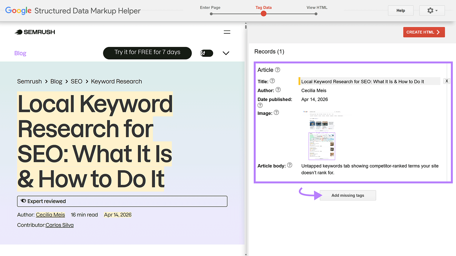 Google Structured Data Markup Helper showing article schema fields like title, author, and publish date.