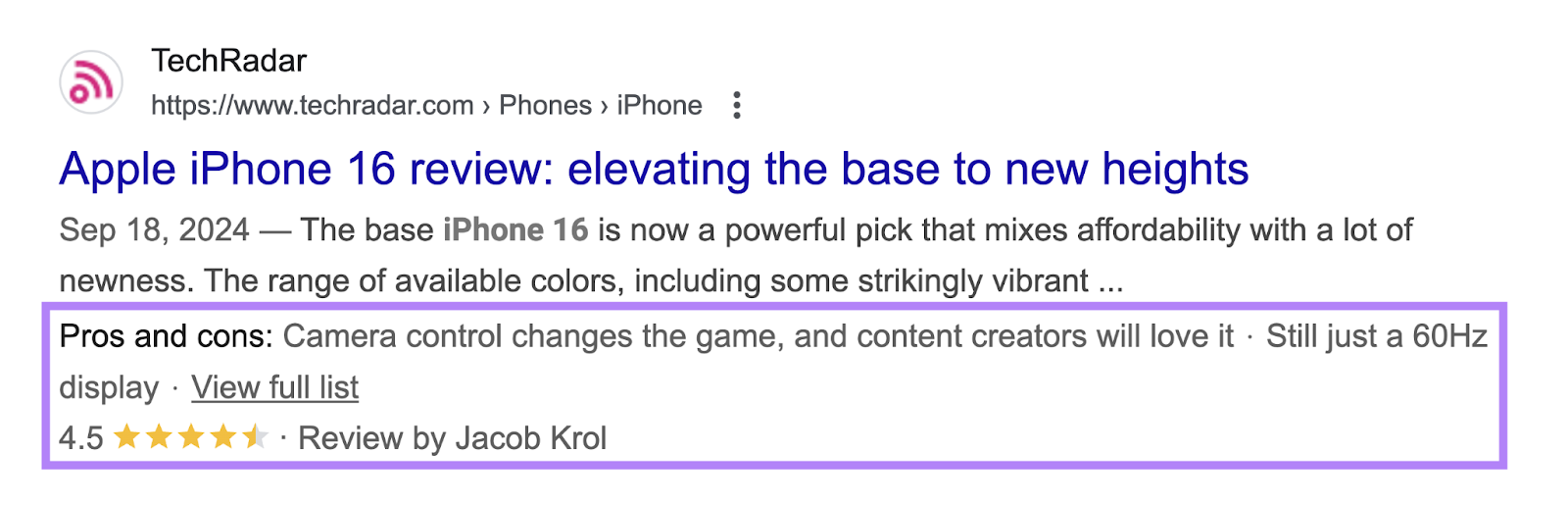 A SERP listing for an iphone review includes pros and cons, rating, and name of reviewer.