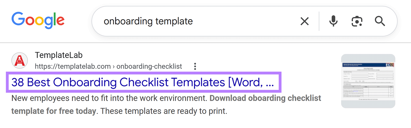 Google SERP result with a long title tag truncated in search results for “onboarding template.”