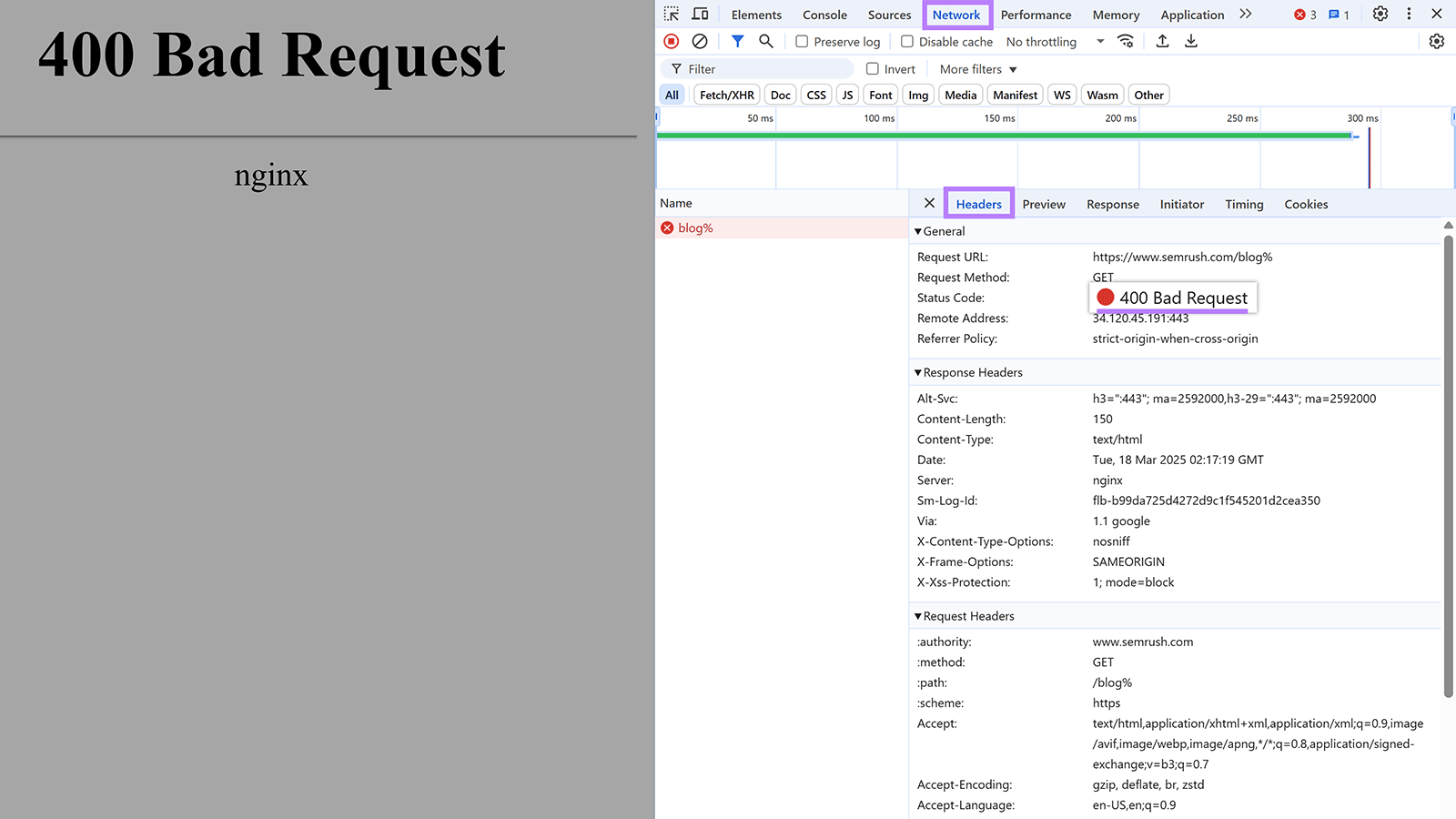 Chrome web developer tools Network tab open and Headers tab selected with Status Code error highlighted for 400 bad request error page