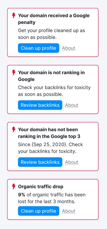 A list of examples of red border insights, showing what they look like, a tooltip, and a call-to-action button for each insight.