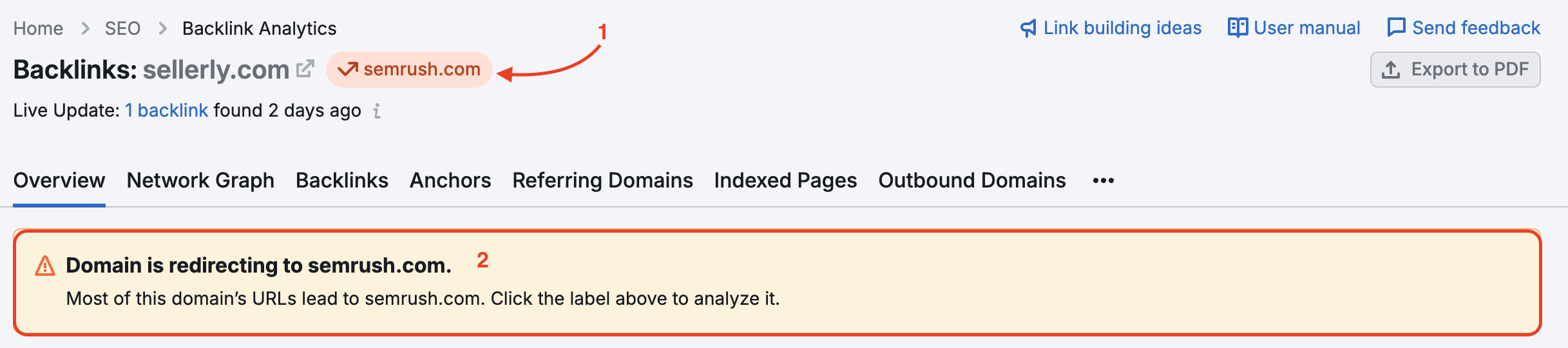 An example of a domain with the redirect: a red arrow is pointing to the redirect label next to the website name, and a red rectangle is highlighting the Domain is redirected to notification. 