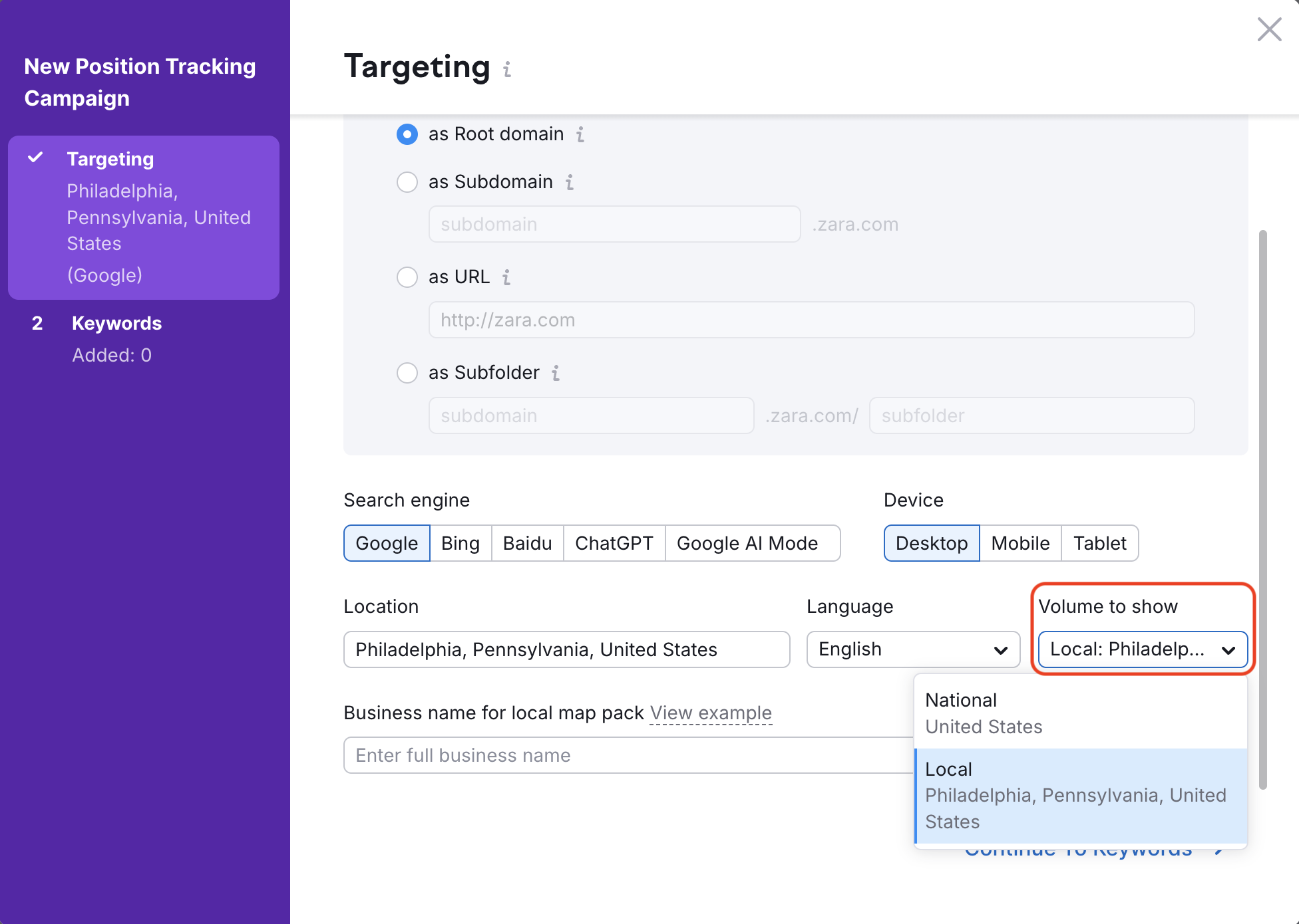 Position Tracking configuration window &ndash; Targeting. An example how to select a location and volume (national or local).