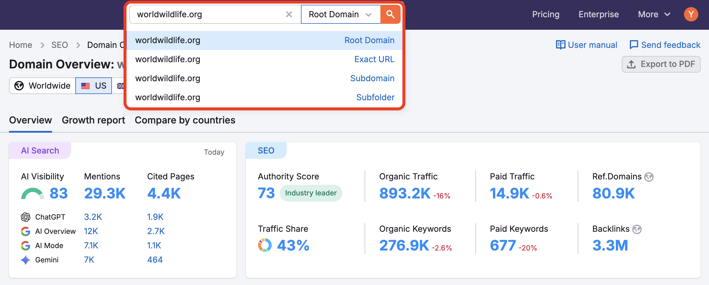 After entering a website into a search bar, open the dropdown menu via the arrow icon on the right. The list of available options (root domain, exact URL, subdomain, subfolder) will be available for selection.